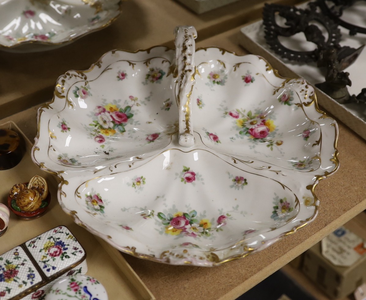 A Lady Anne Gordon, Dowager Marchioness of Aberdeen porcelain model of horseradishes, other models of vegetable or fruit by another hand, various boxes etc, largest item Limoges entree dish 29 cms long